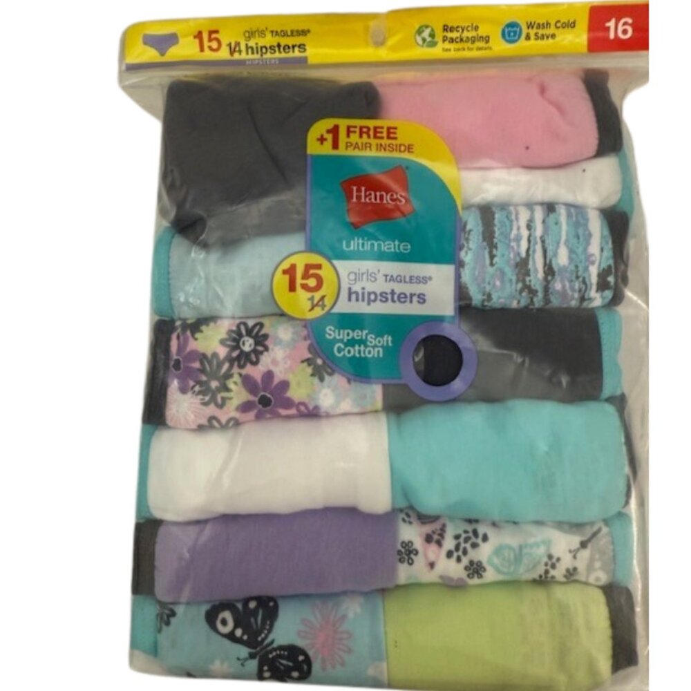 Hanes Girls’ Size 16 Hipsters – 15 Pack NWT